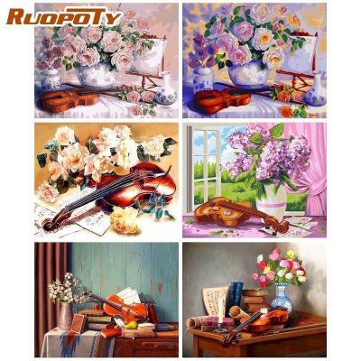 RUOPOTY Frame Flowers And Violin Oil Paintings on Canvas Modern Pictures Paint By Number For Home Wall Art Decorative