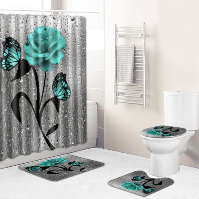 Printing Shower Curtain and Non-slip Bath Mat Set 4PCS Bathroom Carpet Rug Absorbent Floor Mat Memory Foam Toilet Seat Cover Mat