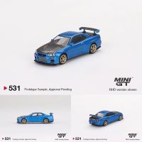 MINIGT 1:64เส้นขอบฟ้าจีทีอาร์ R34ลับสุดยอดดาบปลายปืนโลหะผสมสีฟ้าไดโอรามาโมเดลรถยนต์สะสมของเล่นขนาดเล็ก531มีในสต็อก