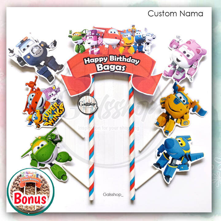 Custom Topper cake Super Wings Nama Foto Hiasan Kue Ulang Tahun 1 set