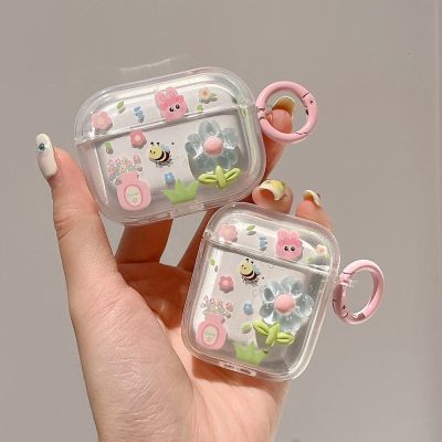 Cute 3D Fresh Flower Bee Earphone Case For AirPods Pro 1 2 Case Transparent TPU For Airpods 3 Bluetooth Headset Box with Keyring Headphones Accessorie