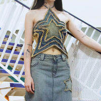 Modelhouses # Women S Halter เสื้อกั๊กเดนิมรูปทรงห้าเหลี่ยมแขนกุดตัดขนสัตว์เสื้อกล้ามเสื้อชั้นในสตรีคลับแวร์ฤดูร้อน