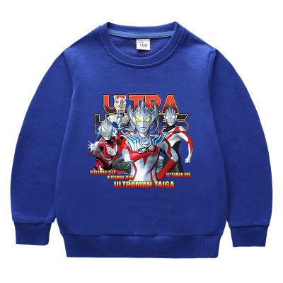 Ultraman Hooded เสื้อกันหนาวเด็กเสื้อผ้า2-9ปีแขนยาวฤดูใบไม้ผลิและฤดูใบไม้ร่วงเสื้อกันหนาวสำหรับชายหญิง100% ผ้าฝ้ายรอบคอกีฬา Boy S