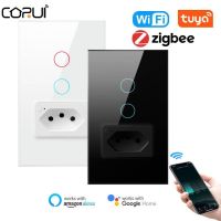 CORUI Tuya Smart Wall Switch Plug Zigbee WiFi Socket Brazil Standard Glass Panel APP Remote Control Works With Alexa Google Home