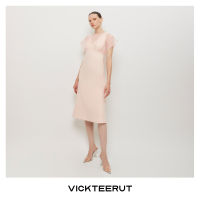 VICKTEERUT (ราคาปกติ 11,000-.) Re-Edition Cap Sleeve Midi Dress with Stripe Organza Detail เดรสแขนเต่อ ตัดต่อผ้าออร์แกนซาลายทาง