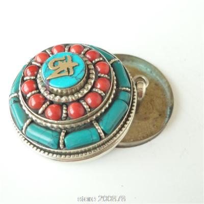 TGB174 Tibetan White Metal Copper Amulet OM Prayer box Tibet Truquoise Pendants Box 41mm