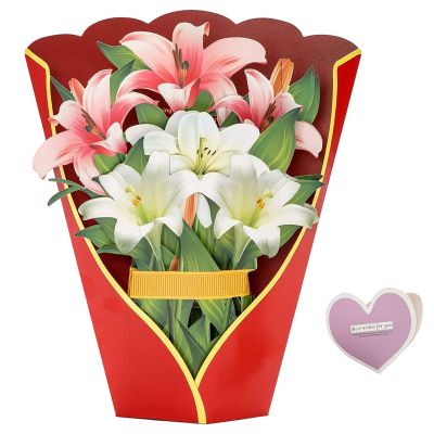 Paper Pop-Up Cards, Lilies Flower Bouquet 3D Popup Greeting Cards for Mom Mothers Day Greeting Cards All Occasions