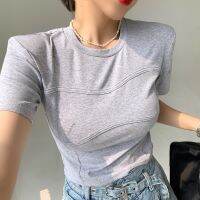 《Danqing family》สีทึบไหล่ Pad แขนสั้นเสื้อยืดผู้หญิงลำลอง O-Neck Slim ยืด Crop Top High Street แฟชั่นหญิง Tshirt