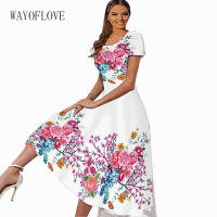 WAYOFLOVE White Long Summer Dress Women Casual Beach Short Sleeve Vestidos Elegant Square Collar Fashion Flowers Printed Dresses