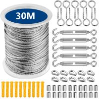 30M Wire Rope Cable Hooks Hanging Kit Flexible PVC Coated Stainless Steel Clothesline