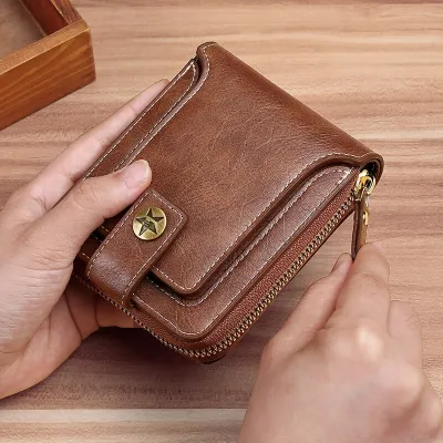 Vintage Mens Pu Leather Small Purse Short Horizontal Zipper Buckle Coin Pocket Three Fold Card Case Purse A Gift for Men