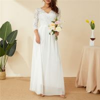 【YF】 Womens Long Dress Summer Elegant Solid Color Patchwork Lace V-neck Mid-Sleeve Backless Back Zipper Wedding Party Prom