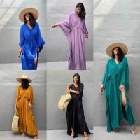 Thaya 2023 Elegant Solid Kaftan ยาวสีฟ้า Tunic หลวม Maxi ชุดผู้หญิงฤดูร้อนเสื้อผ้า Beach Wear ชุดว่ายน้ำ COVER up.