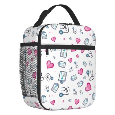◎ Stethoscope Heart Pattern Resuable Lunch Box Cartoon Nurse Nursing Thermal Cooler Food Insulated Lunch Bag Kids School Children