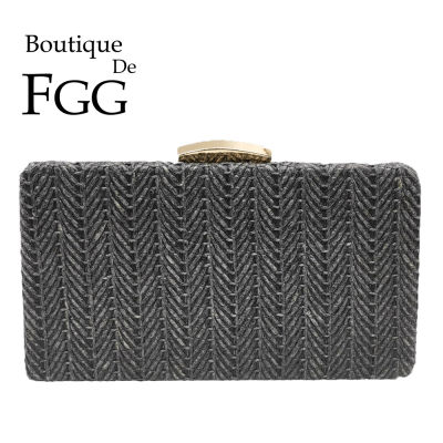 Boutique De FGG Women Straw Black Evening Bags Ladies Party Dinner Box Day Clutches Chain Shoulder Handbags and Purses