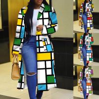 【Ready】Women Coat Color Block Plaid Double-Breasted Autumn Winter Lapel Pockets Buttons Jacket African Clothes