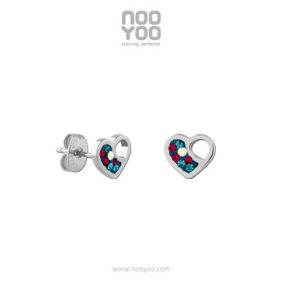 NooYoo ต่างหูสำหรับผิวแพ้ง่าย  HEART with Multicolor Crystal Surgical Steel