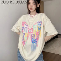 Ruo Bei Xuan เสื้อยืดผู้หญิงแขนสั้นสีขาวรอบคอหลวมใหม่