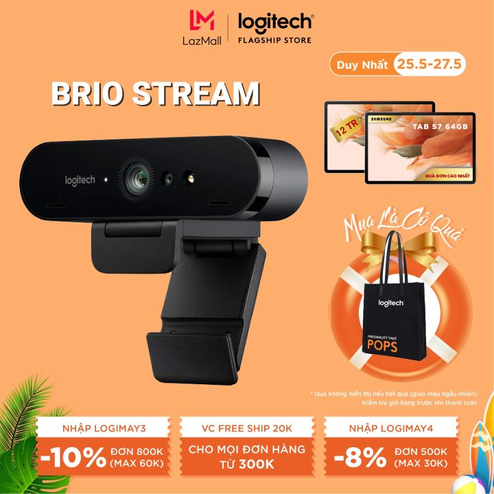 Nhập LOGIMAY3 giảm 10% đơn từ 800K] Webcam Logitech Brio 4K Stream Edition  – 90FPS tự động chỉnh sáng & lấy nét, mic kép giảm ồn, góc rộng 90o, zoom  5x 