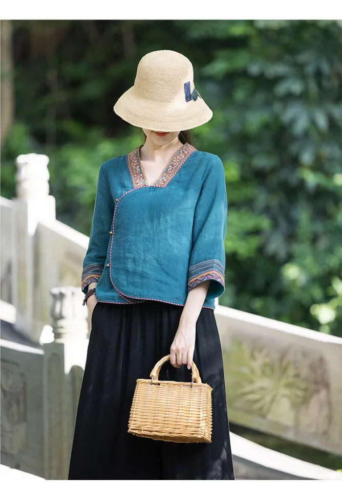 STRAW Women Chinese Style Hanfu Tops Cotton Linen Qipao Shirt V