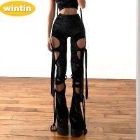 Wintin European and American 2023 Spring New High Waist Hollow-out Lace-up Velvet Print Trousers Fashion All-Matching Straight-Leg Pants Fashion