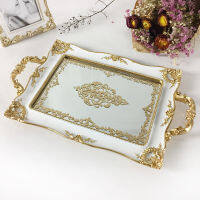 Retro Europe Resin Mirror Plates Bowls Tray Ivory White Palace Carved Flowers Golden Decoration Crafts