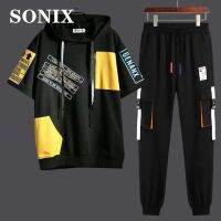 ∋卍 hnf531 SONIX เสื้อสเวตเตอร์มีฮู้ดผู้ชายเสื้อสเวตเตอร์แขนสั้นสไตล์ญี่ปุ่นเทรนด์ลำลอง2ชิ้นแฟชั่นวัยรุ่นสูทกีฬาเกาหลีสำหรับฤดูร้อน