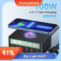 HONEYDEWD 100W QC PD อะแดปเตอร์ชาร์จ 6พอร์ตค่ะ ยูเอสบี สถานีชาร์จเร็ว การเดินทางการเดินทาง แบบพกพาได้ ที่ชาร์จไร้สาย สำหรับ IPhone 14 13 12/Samsung/Huawei สำหรับ iPhone 14 13 12