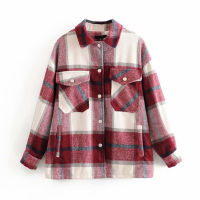 Women Wool Blend Plaid Jacket with Pockets Oversized Lapel Collar Long Sleeve Women Jackets Spring Autumn Loose Tops Overshirt