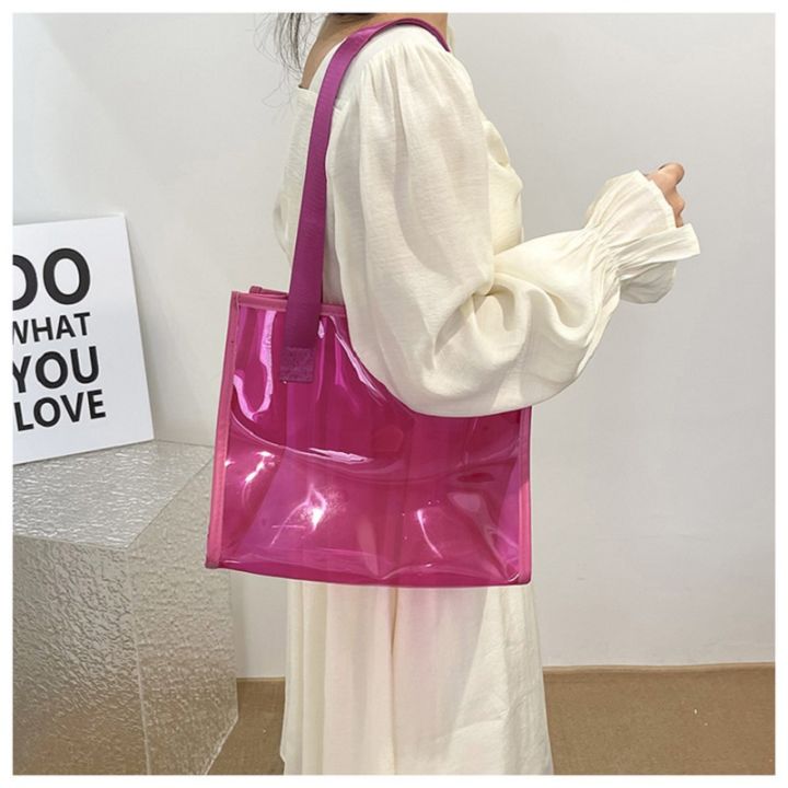 กระเป๋าเจลลีพีวีซีสีชมพูแบบลำลองกระเป๋าช้อปปิ้งฤดูร้อนโปร่งใสใหม่