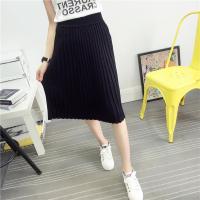 Womens Cute Pleated Korean Midi Skirt 2021 Autumn Winter Casual High Waist Stretchy Knitted Cotton Wool Slim Black Skirts SK104