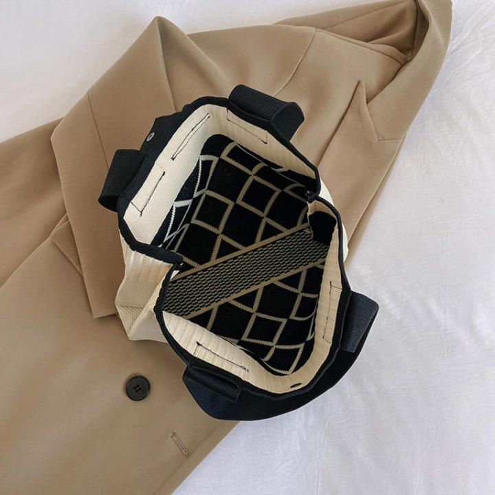 handbag-large-capacity-weave-tote-bag-buckle-versatile-rhombic-lattice-line-shoulder-bag