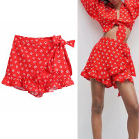 TRAF Za Print Floral Skirt Women Red Mini Summer Skirt 2021 High Waist Skirt Ladies Fashion Ruffle Skort Knot Wrap Short Skirts