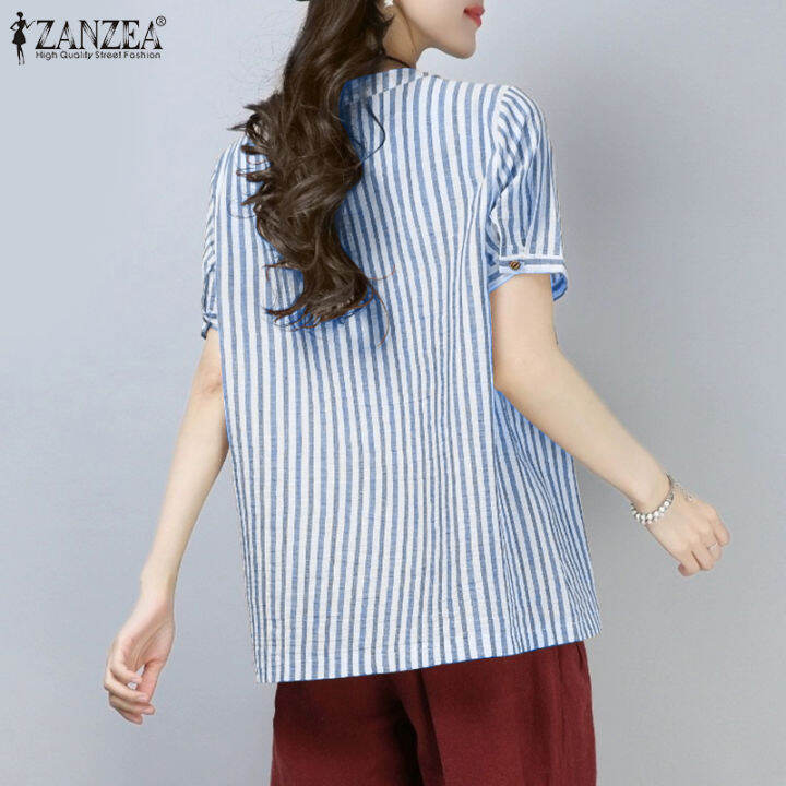 สินค้ามาใหม่-จัดส่งฟรี-fancystyle-zanzea-เสื้อกระดุมวินเทจด้านหน้าของผู้หญิงหลวมพิมพ์ลายทางเสื้อคอวี-8