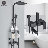 Black Brass Shower Faucet Set Rainfall Bathtub Tap With Bathroom Shelf 4 Functions Height Adjust Shower Mixer Crane Fast Delivey Showerheads