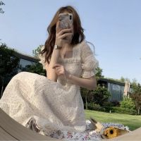 Floral Sweet Lace Dress Short Sleeve Chiffon Elegant Dress Korean Style Square Collar Party Dress for Female Dot Summer 2021 New