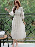 【YF】 New Fashion Autumn Runway Vintage Long Dresses For Womens Sexy V-Neck Lace Hollow Out Sashes Party Dress Vestido Da Festa