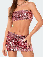 CHRONSTYLE Women Sequined 2Pcs กระโปรงชุดชุดที่ไม่มีสายหนังปิดไหล่ Tube Tops Tank Mini กระโปรง Party Clubwear Streetwear