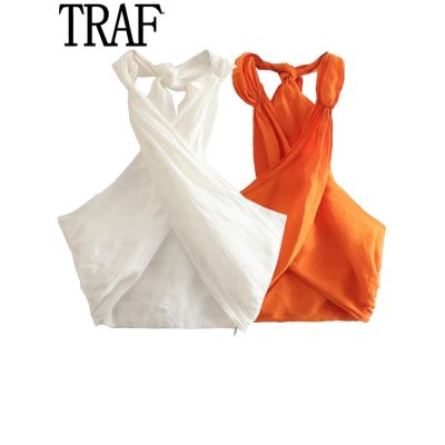 TRAF 2022เสื้อแขวนคอสีขาวเสื้อผู้หญิงเปิดหลังชุดเอวลอยเซ็กซี่เปิดไหล่เสื้อฤดูร้อน Y2k สตรีทแวร์แขนกุดสีส้ม