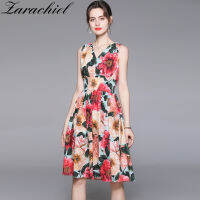 S-XXL 2021 Summer Retro Camellia Floral Print Cotton Dress Womens Sleeveless V-Neck V Back Elastic Waist Boho Midi Dress