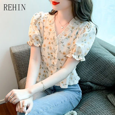 REHIN ผู้หญิงฤดูร้อนภาษาฝรั่งเศสคำ Chic V คอชีฟองแขนสั้นเสื้อ Niche ดอกไม้ Bubble Sleeve Elegant เสื้อ