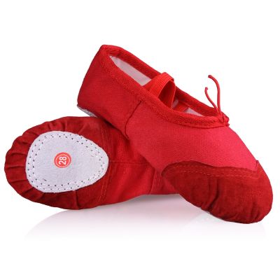 รองเท้าบัลเลต์รองเท้าผ้าใบใส่เต้นรำสีแดง,รองเท้าแตะเปลือยพื้นรองเท้านุ่มเด็กสาวเด็กสำหรับครูผู้หญิง