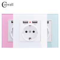 [HOT GELLXKOWOIGHIO 527] Coswall สีเขียวสีชมพูที่มีสีสันแก้วคริสตัลแผงแบบ Dual USB ชาร์จพอร์ต2.1A 16A รัสเซียสเปนผนังซ็อกเก็ตสหภาพยุโรปเต้าเสียบไฟฟ้า