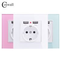 Coswall Green Pink Colorful Crystal Glass Panel Dual USB Charging Port 2.1A 16A Russia Spain Wall Socket EU Power Outlet