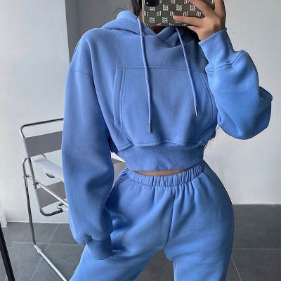 Hoodies Two Piece Set Women Long Sleeve Solid Casual Pocket Pullover Suit Autumn 2021 Elastic Sports Pants Female Tracksuit Set