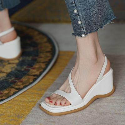 Womens Wedge Sandals Summer Korean All-Match Simple Platform Slippers Apricot Open Toe Leather One Pedal High Heel Slippers