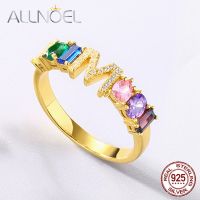 ALLNOEL Real 925 Sterling Silver Hand Inlaid Colorful Zirconium Ring Fine Jewelry Plated Gold Letters Rings For Women Newly 2022