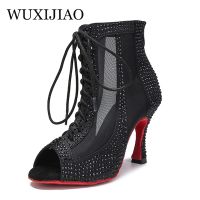 WUXIJIAO Womens High Top Latin Dance Shoes Black Rhinestone Red Soft Sole Ballroom Shoes Salsa Tango Shoes Party Sandals