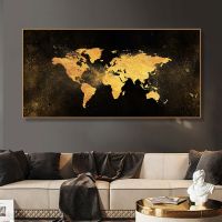 บทคัดย่อ Gold World แผนที่ภาพวาดผ้าใบ Wall Art รูปภาพสำหรับห้องนั่งเล่น Office Home Decor โปสเตอร์และภาพพิมพ์