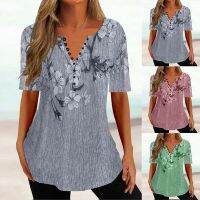 ♘✿☍  Elegant Womens Casual Tees Top 2023 Summer Loose Print V-Neck Button Blouse Lady Short Sleeve T-shirt S-5XL